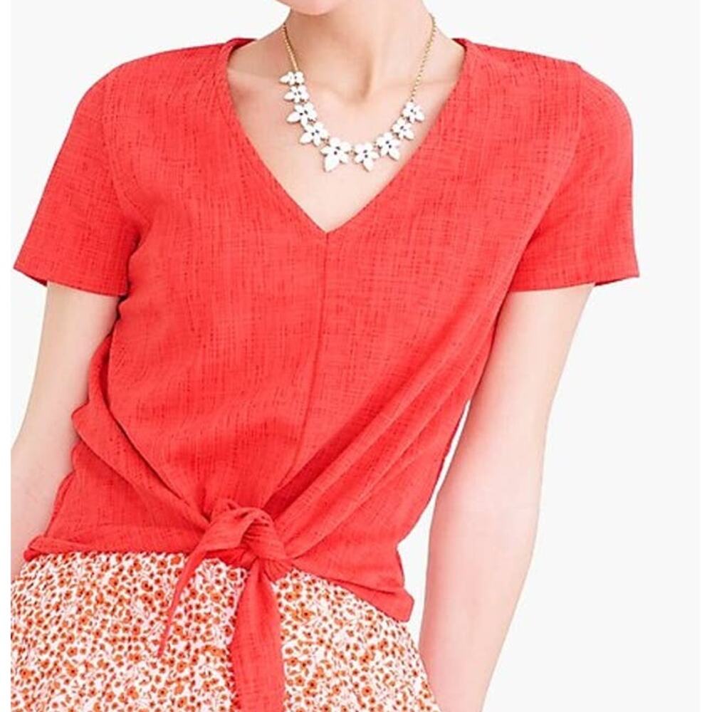 J. Crew Tie front Textured V-neck Tee Top Women S Short Sleeve Red Cotton Blend